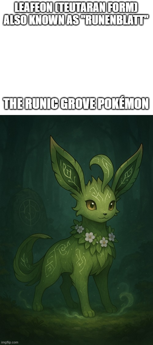 new fakemon | LEAFEON (TEUTARAN FORM)
ALSO KNOWN AS "RUNENBLATT"; THE RUNIC GROVE POKÉMON | image tagged in pokemon,fakemon | made w/ Imgflip meme maker