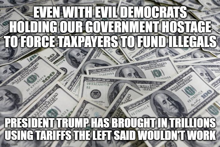 Thank you President Trump | EVEN WITH EVIL DEMOCRATS HOLDING OUR GOVERNMENT HOSTAGE TO FORCE TAXPAYERS TO FUND ILLEGALS; PRESIDENT TRUMP HAS BROUGHT IN TRILLIONS USING TARIFFS THE LEFT SAID WOULDN'T WORK | image tagged in million billion trillion,maga,economic revival,tariffs,government shutdown,democrat war on america | made w/ Imgflip meme maker