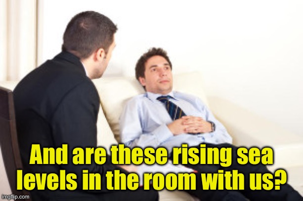 Climate change doomsday fallacy | And are these rising sea levels in the room with us? | image tagged in psychiatrist,climate change | made w/ Imgflip meme maker