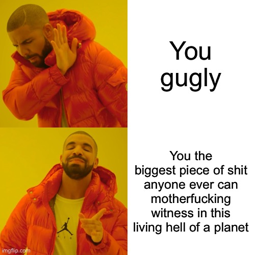 Drake Hotline Bling Meme | You gugly You the biggest piece of shit anyone ever can motherfucking witness in this living hell of a planet | image tagged in memes,drake hotline bling | made w/ Imgflip meme maker