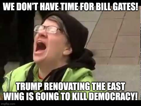 REEEEEEEEEEEEEEEEEEEE | WE DON'T HAVE TIME FOR BILL GATES! TRUMP RENOVATING THE EAST WING IS GOING TO KILL DEMOCRACY! | image tagged in reeeeeeeeeeeeeeeeeeee | made w/ Imgflip meme maker