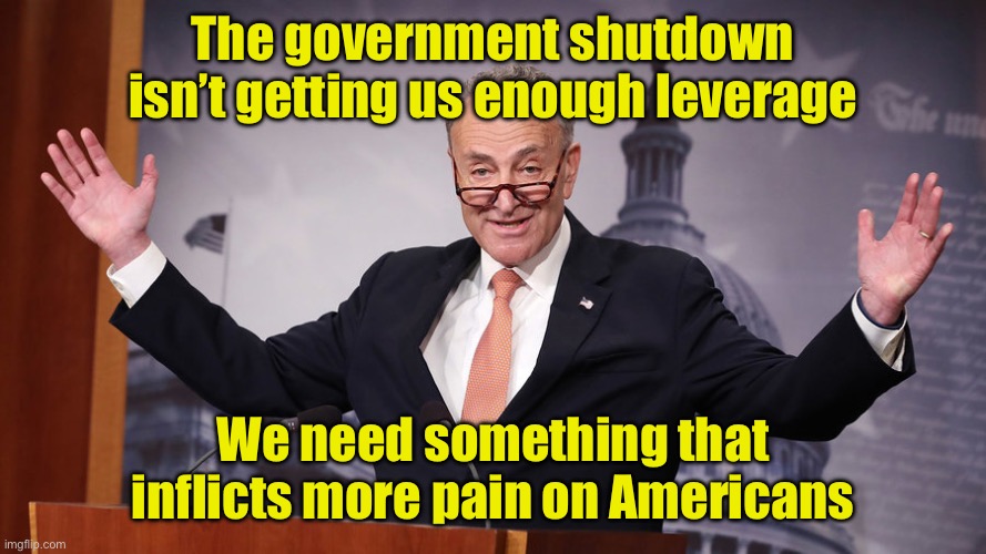 Dems keeping the government shutdown for leverage | The government shutdown isn’t getting us enough leverage; We need something that inflicts more pain on Americans | image tagged in chuck schumer,crying democrats | made w/ Imgflip meme maker