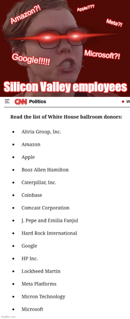 When Many get their Ballroom News from Memes | Apple??? Amazon?! Meta?! Microsoft?! Google!!!!! Silicon Valley employees | image tagged in omega triggered feminist | made w/ Imgflip meme maker