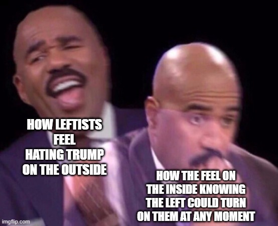 Leftists: why associate yourselves with an ideology that will attack you at any moment for not being "woke enough"? | HOW LEFTISTS FEEL HATING TRUMP ON THE OUTSIDE; HOW THE FEEL ON THE INSIDE KNOWING THE LEFT COULD TURN ON THEM AT ANY MOMENT | image tagged in steve harvey laughing serious,leftists,democrats,woke,liberal hypocrisy,ideaology | made w/ Imgflip meme maker