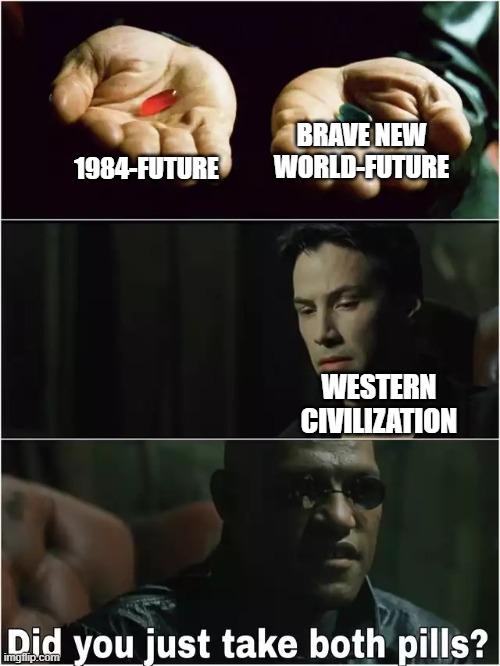 Go big or go home, right? | BRAVE NEW WORLD-FUTURE; 1984-FUTURE; WESTERN CIVILIZATION | image tagged in did you just take both pills,liberals,conservatives,maga,woke | made w/ Imgflip meme maker