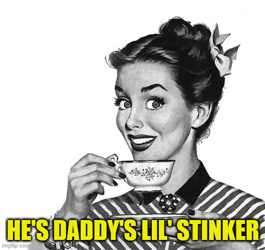 Retro woman teacup | HE'S DADDY'S LIL' STINKER | image tagged in retro woman teacup | made w/ Imgflip meme maker