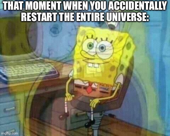 How to literally end your suffering | THAT MOMENT WHEN YOU ACCIDENTALLY RESTART THE ENTIRE UNIVERSE: | image tagged in spongebob panic inside,end my suffering,universe,help i accidentally,oh dear | made w/ Imgflip meme maker