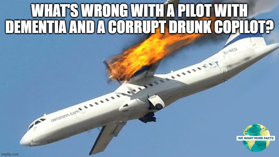 Plane crash | WHAT'S WRONG WITH A PILOT WITH DEMENTIA AND A CORRUPT DRUNK COPILOT? | image tagged in plane crash | made w/ Imgflip meme maker