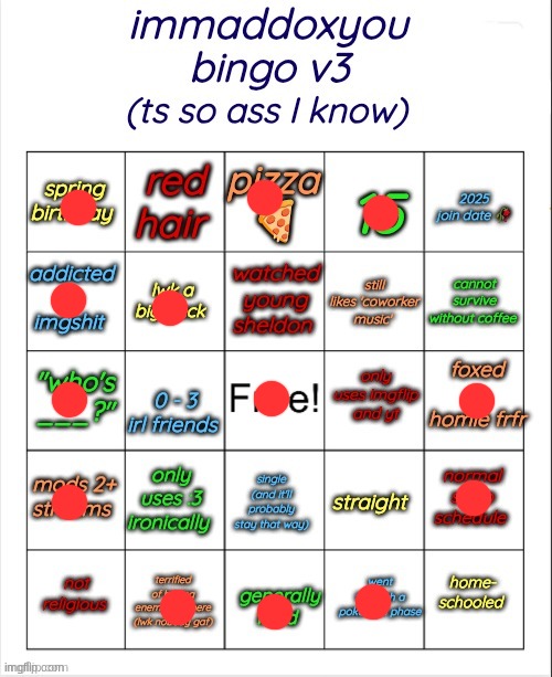 I'm a christian (but im bad at being christian since i dont go to church :/ ) | image tagged in immaddoxyou bingo v3 | made w/ Imgflip meme maker