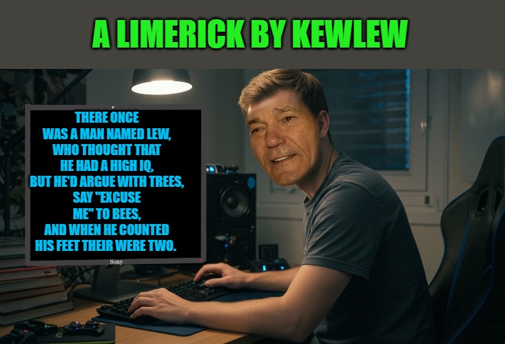 kewlew at work | A LIMERICK BY KEWLEW; THERE ONCE WAS A MAN NAMED LEW,
WHO THOUGHT THAT HE HAD A HIGH IQ,
BUT HE'D ARGUE WITH TREES,
SAY "EXCUSE ME" TO BEES,
AND WHEN HE COUNTED HIS FEET THEIR WERE TWO. | image tagged in kewlew at work | made w/ Imgflip meme maker