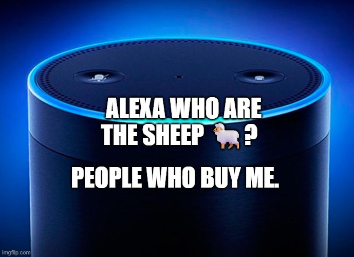 Alexa | ALEXA WHO ARE THE SHEEP 🐑? PEOPLE WHO BUY ME. | image tagged in alexa | made w/ Imgflip meme maker