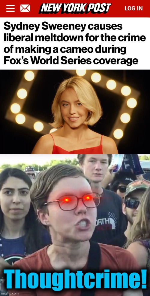 Insane hater clowns, in every city and town, from coast to coast | Thoughtcrime! | image tagged in triggered feminist,memes,sydney sweeney,democrats,hatred,clowns | made w/ Imgflip meme maker
