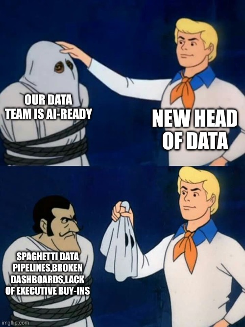 Actual Life Story of the Head of Data | OUR DATA TEAM IS AI-READY; NEW HEAD OF DATA; SPAGHETTI DATA PIPELINES,BROKEN DASHBOARDS,LACK OF EXECUTIVE BUY-INS | image tagged in scooby doo mask reveal | made w/ Imgflip meme maker