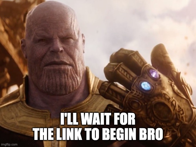 Thanos Smile | I'LL WAIT FOR THE LINK TO BEGIN BRO | image tagged in thanos smile | made w/ Imgflip meme maker