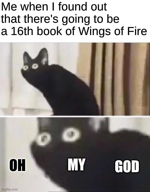 Oh No Black Cat | Me when I found out that there's going to be a 16th book of Wings of Fire; MY; GOD; OH | image tagged in oh no black cat | made w/ Imgflip meme maker