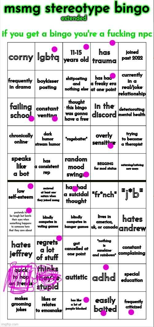 <3 | image tagged in msmg stereotype bingo extended | made w/ Imgflip meme maker