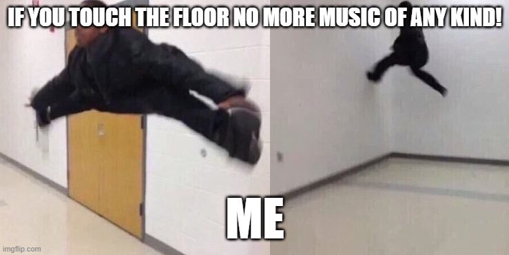 The Floor is Lava | IF YOU TOUCH THE FLOOR NO MORE MUSIC OF ANY KIND! ME | image tagged in the floor is lava | made w/ Imgflip meme maker