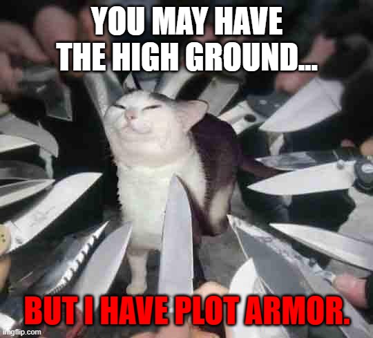 Knife Cat | YOU MAY HAVE THE HIGH GROUND... BUT I HAVE PLOT ARMOR. | image tagged in knife cat | made w/ Imgflip meme maker