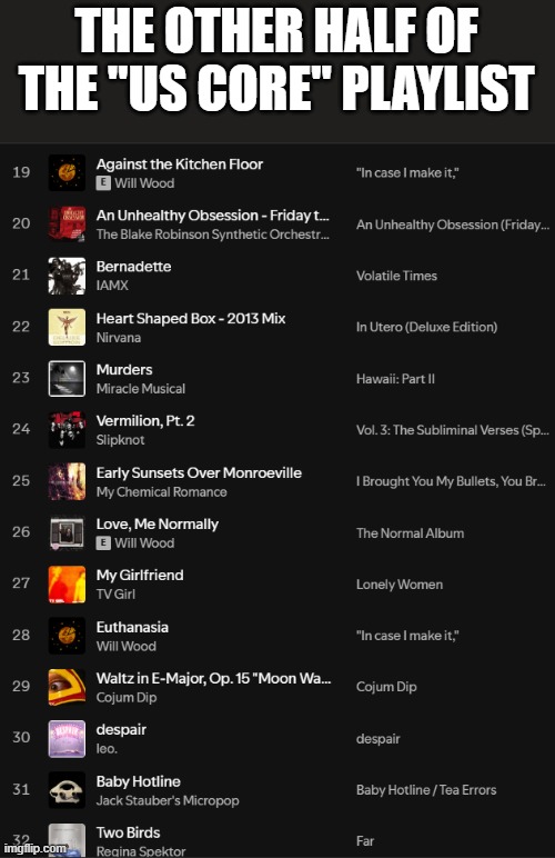 there's like two more i added but like they don't have an official spot yet | THE OTHER HALF OF THE "US CORE" PLAYLIST; YES "US CORE" IS REFERRING TO MY CURRENT RELATIONSHIP YES I'M HAPPY IN IT DESPITE THE NATURE OF THE PLAYLIST YES THIS IS THE MUSIC I TYPICALLY LISTEN TO | made w/ Imgflip meme maker