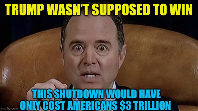 President Trump stops another Democrat disaster | TRUMP WASN’T SUPPOSED TO WIN; THIS SHUTDOWN WOULD HAVE ONLY COST AMERICANS $3 TRILLION | image tagged in adam schiff,democratic socialism,hoax,democrats,common sense | made w/ Imgflip meme maker