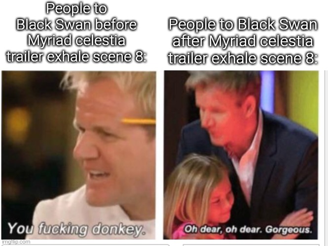 Thank you, Black Swan! You've save everyone! | People to Black Swan before Myriad celestia trailer exhale scene 8:; People to Black Swan after Myriad celestia trailer exhale scene 8: | image tagged in oh dear oh dear gorgeous reverse,honkai star rail | made w/ Imgflip meme maker