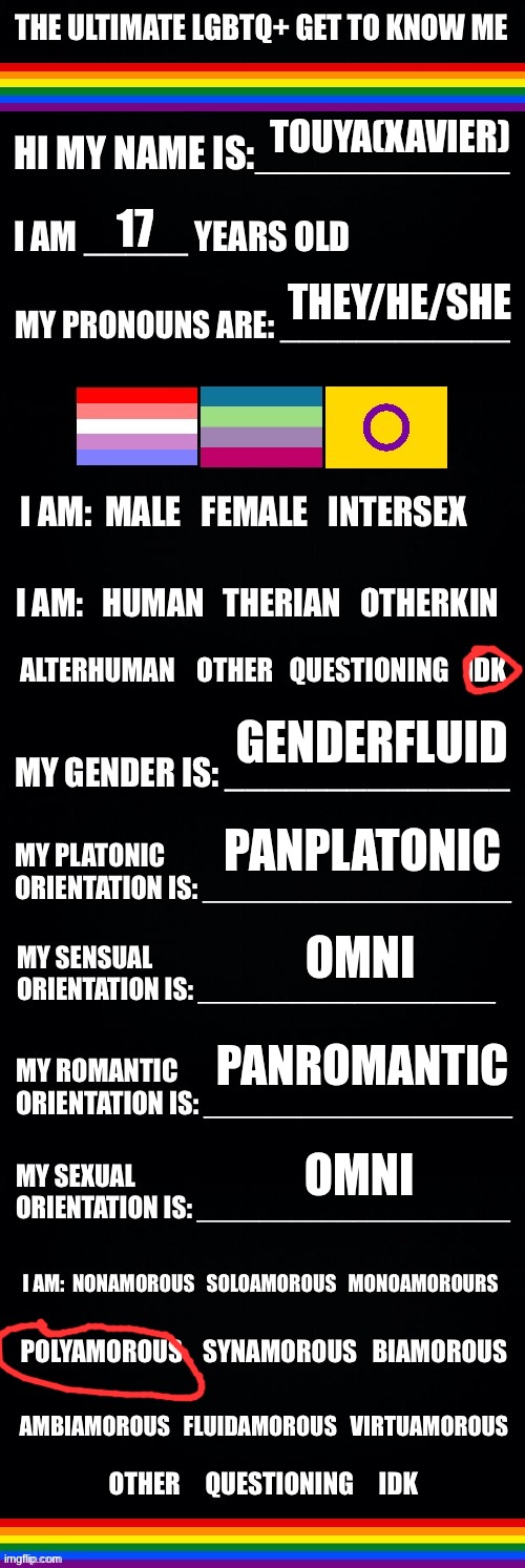 Hey I'm new | TOUYA(XAVIER); 17; THEY/HE/SHE; GENDERFLUID; PANPLATONIC; OMNI; PANROMANTIC; OMNI | image tagged in the ultimate lgbtq get to know me | made w/ Imgflip meme maker
