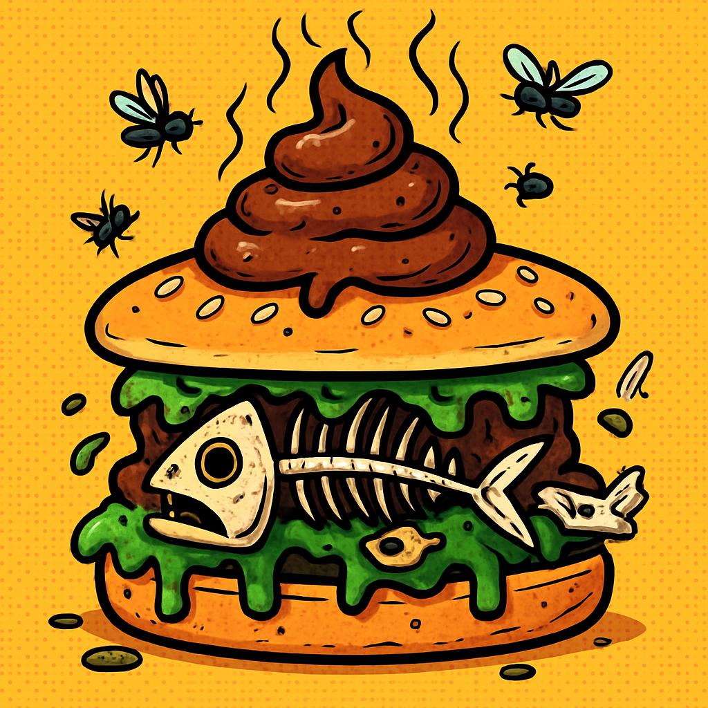 big gross rotten burger with poo and flies and dead fish bones b Blank Meme Template