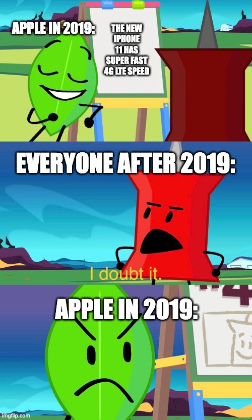 The iPhone 11 is a cellular phone for 4G LTE networks only. | THE NEW IPHONE 11 HAS SUPER FAST 4G LTE SPEED; APPLE IN 2019:; EVERYONE AFTER 2019:; APPLE IN 2019: | image tagged in bfdi i doubt it | made w/ Imgflip meme maker