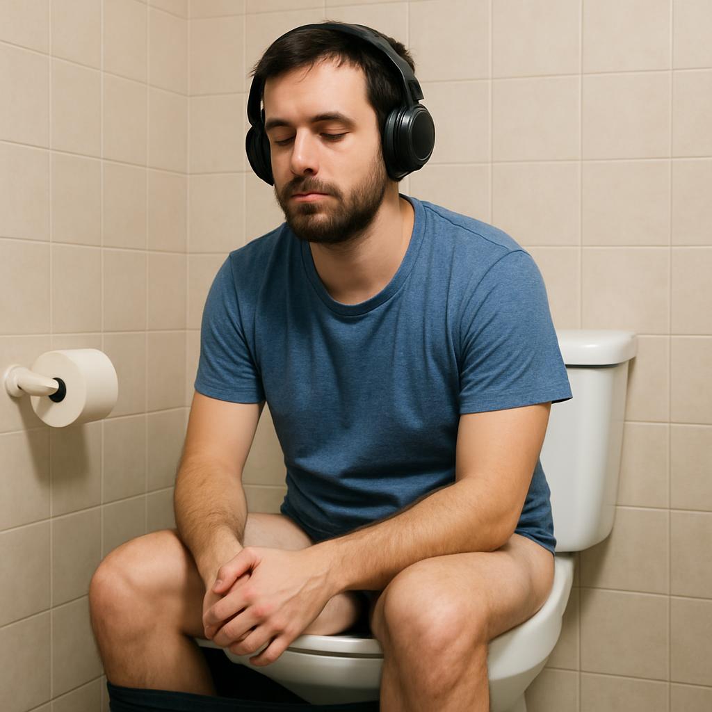Guy sitting on toilet with headphones on Blank Meme Template
