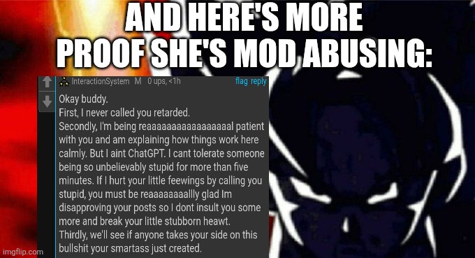 Goku Lightning | AND HERE'S MORE PROOF SHE'S MOD ABUSING: | image tagged in goku lightning | made w/ Imgflip meme maker