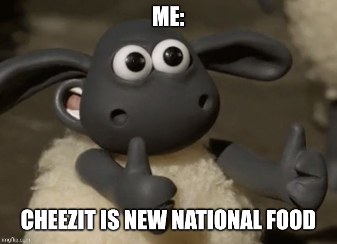 New national food | ME:; CHEEZIT IS NEW NATIONAL FOOD | image tagged in thumbs up sheep,food,jpfan102504 | made w/ Imgflip meme maker