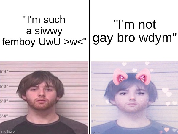 Square Divided In Half | "I'm such a siwwy femboy UwU >w<"; "I'm not gay bro wdym" | image tagged in square divided in half | made w/ Imgflip meme maker