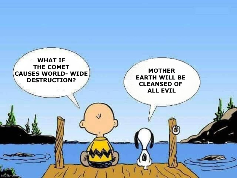 We Could Hope! | MOTHER
EARTH WILL BE 
CLEANSED OF 
ALL EVIL; WHAT IF THE COMET
CAUSES WORLD- WIDE
DESTRUCTION? | image tagged in comet,the end,light at the end of tunnel,cleaning,we will rebuild,still a better love story than twilight | made w/ Imgflip meme maker