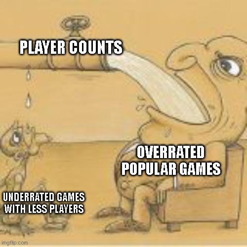 fat man drinking from pipe | PLAYER COUNTS; OVERRATED POPULAR GAMES; UNDERRATED GAMES WITH LESS PLAYERS | image tagged in fat man drinking from pipe | made w/ Imgflip meme maker