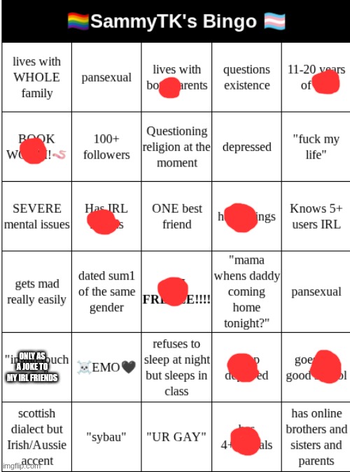 ehn...close enough??? | ONLY AS A JOKE TO MY IRL FRIENDS | image tagged in sammytk's bingo | made w/ Imgflip meme maker