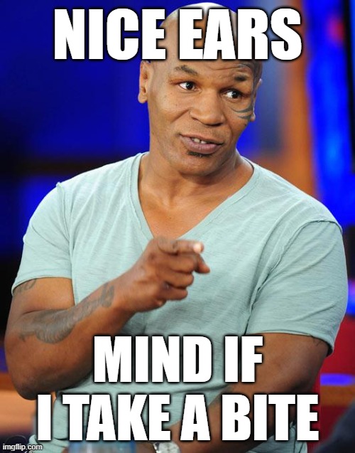 Moments before cooked | NICE EARS; MIND IF I TAKE A BITE | image tagged in mike tyson | made w/ Imgflip meme maker