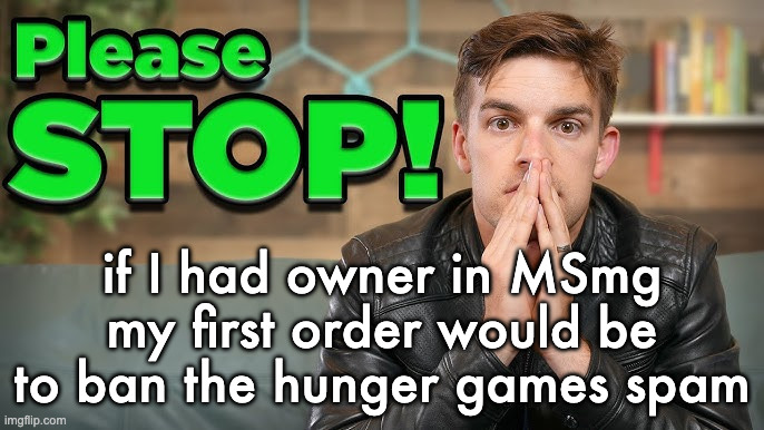 high quality please stop | if I had owner in MSmg my first order would be to ban the hunger games spam | image tagged in high quality please stop | made w/ Imgflip meme maker
