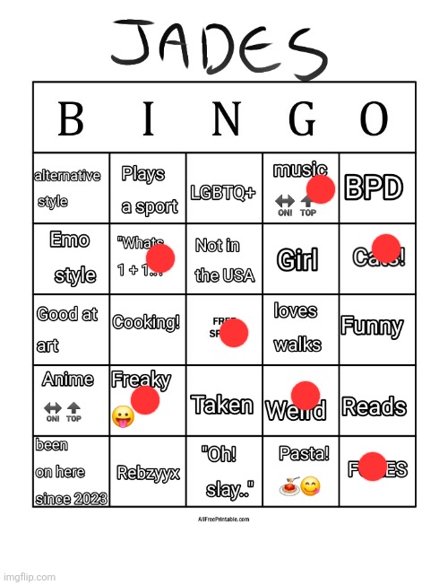 Jade's bingo | image tagged in jade's bingo | made w/ Imgflip meme maker