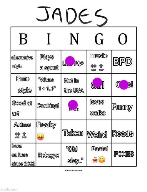 Jade's bingo | image tagged in jade's bingo | made w/ Imgflip meme maker