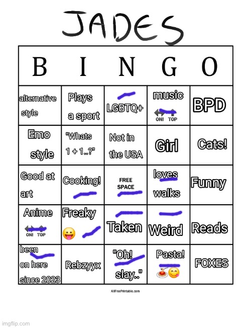 Jade's bingo | image tagged in jade's bingo | made w/ Imgflip meme maker