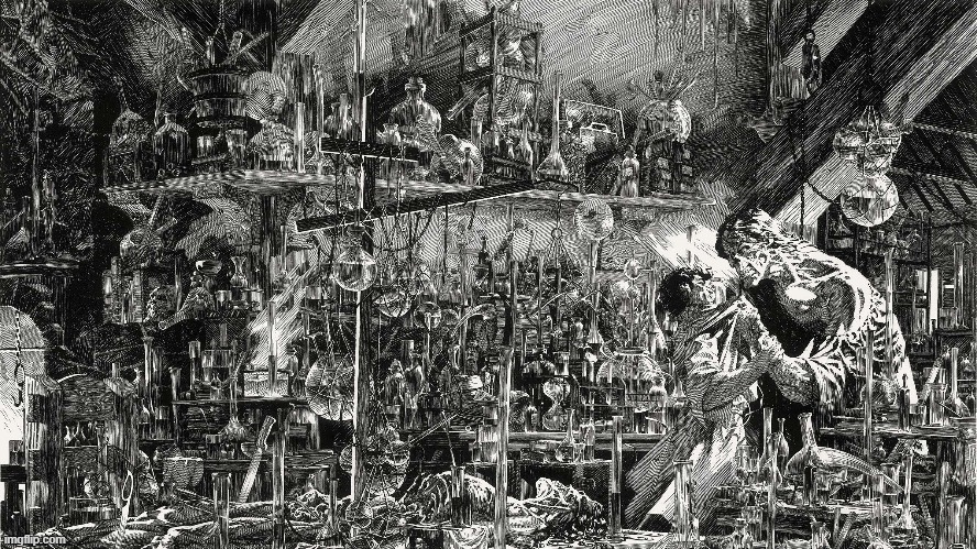 Bernie Wrightson art - big influence on Guillermo del Toro's Frankenstein | image tagged in frankenstein,art,horror movies,novel,frankenstein's monster | made w/ Imgflip meme maker