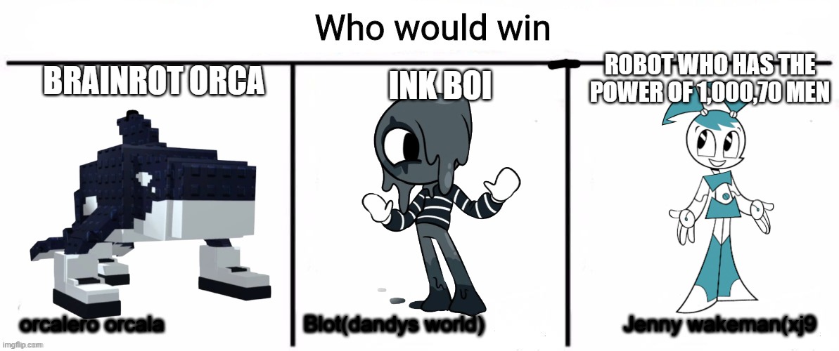 who would win? make your answer in the comments! | ROBOT WHO HAS THE POWER OF 1,000,70 MEN; INK BOI; BRAINROT ORCA; orcalero orcala                       Blot(dandys world)                       Jenny wakeman(xj9 | image tagged in 3x who would win | made w/ Imgflip meme maker