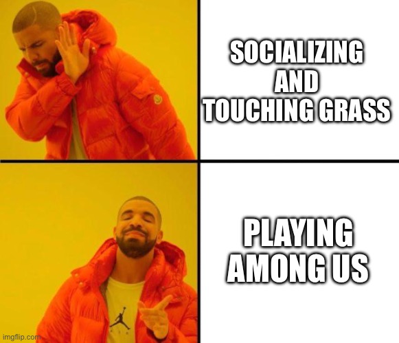 drake meme | SOCIALIZING AND TOUCHING GRASS; PLAYING AMONG US | image tagged in drake meme | made w/ Imgflip meme maker
