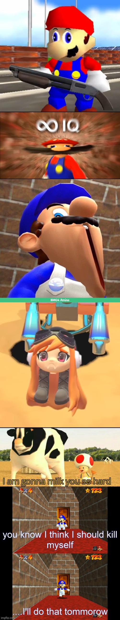 image tagged in smg4 shotgun mario,infinity iq mario,smg4's face,goomba meggy,i am gonna milk you so hard,smg4 | made w/ Imgflip meme maker