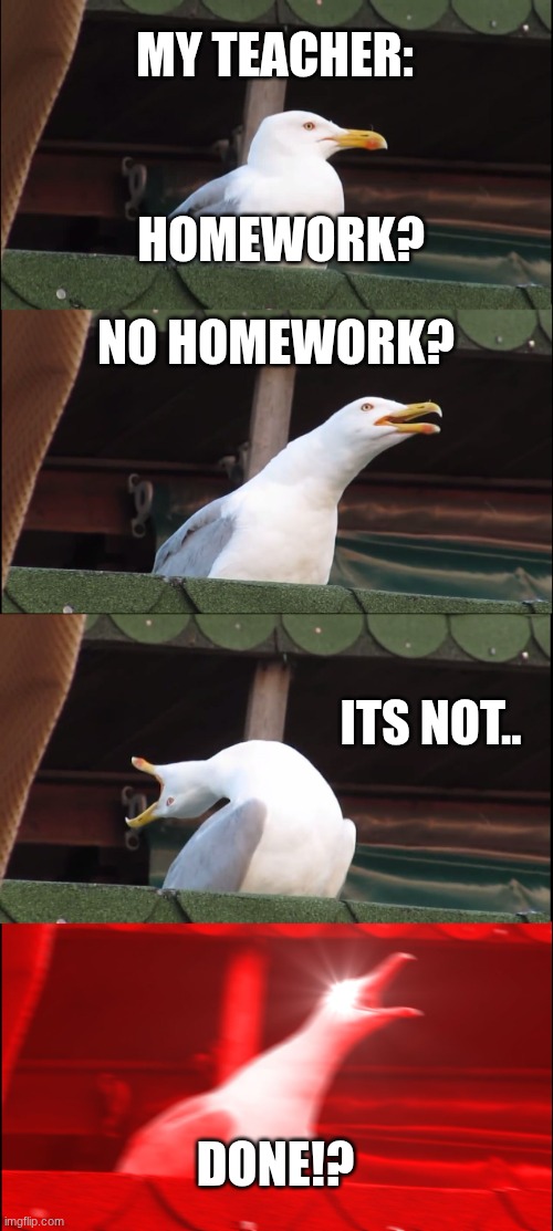 Inhaling Seagull | MY TEACHER:; HOMEWORK? NO HOMEWORK? ITS NOT.. DONE!? | image tagged in memes,inhaling seagull | made w/ Imgflip meme maker
