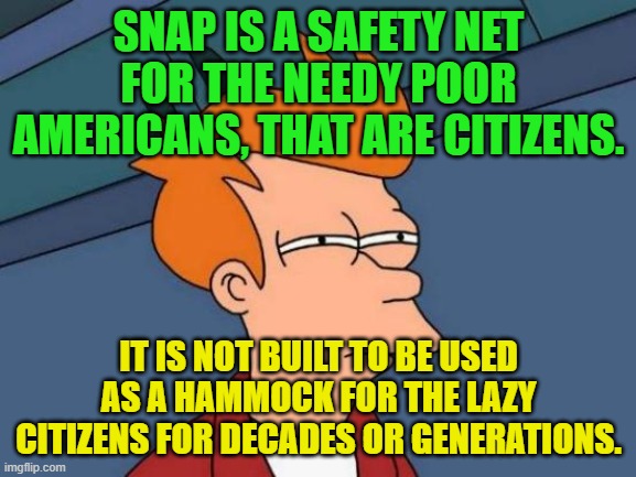 Futurama Fry Meme | SNAP IS A SAFETY NET FOR THE NEEDY POOR AMERICANS, THAT ARE CITIZENS. IT IS NOT BUILT TO BE USED AS A HAMMOCK FOR THE LAZY CITIZENS FOR DECADES OR GENERATIONS. | image tagged in memes,futurama fry | made w/ Imgflip meme maker