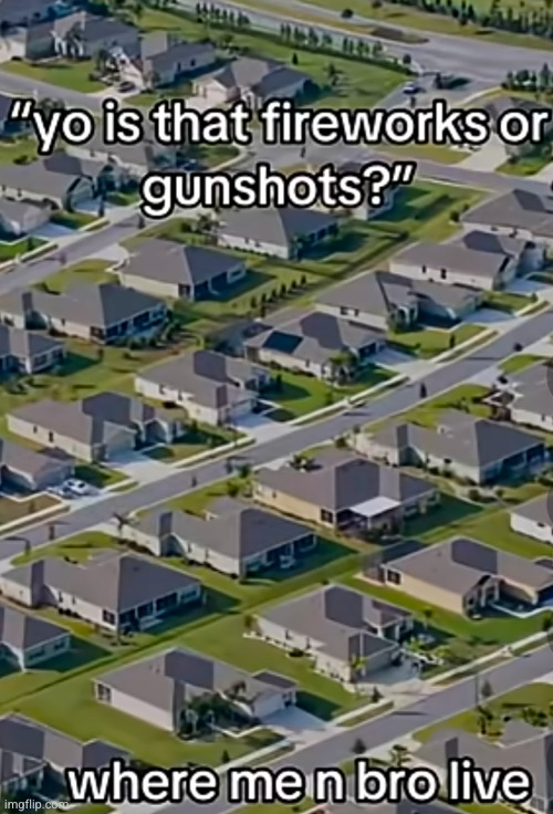 we live in the suburbs gng | image tagged in suburbs,funny,fireworks,gunshots | made w/ Imgflip meme maker