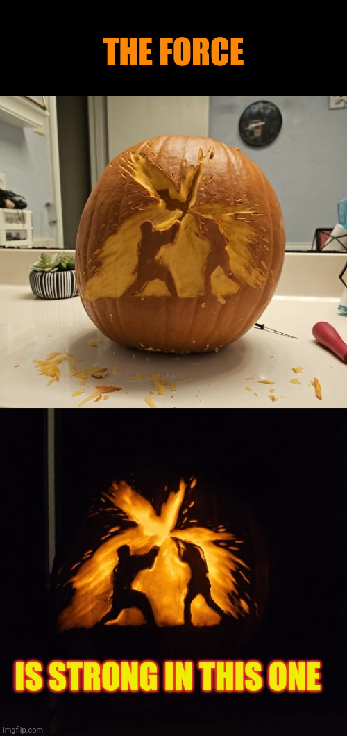 Lightsaber duel pumpkin | THE FORCE; IS STRONG IN THIS ONE | image tagged in pumpkin carvings,star wars,lightsaber,fight,artistic,jack o lanterns | made w/ Imgflip meme maker