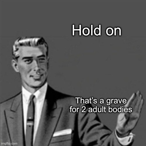 Correction guy | Hold on That’s a grave for 2 adult bodies | image tagged in correction guy | made w/ Imgflip meme maker