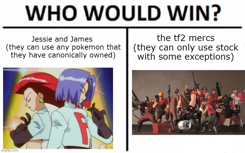 Who Would Win? | Jessie and James 
(they can use any pokemon that they have canonically owned); the tf2 mercs (they can only use stock with some exceptions) | image tagged in memes,who would win,tf2,pokemon | made w/ Imgflip meme maker